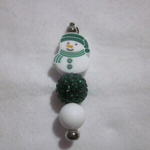 Green and White Snowman Beaded Bling Keychain | Bag Charm.